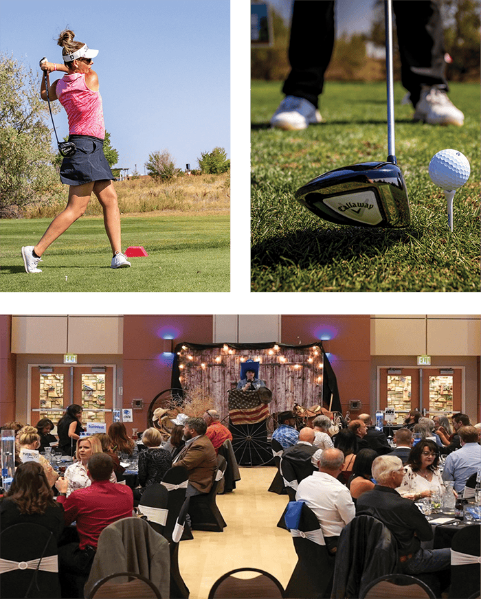 An image showcasing a woman and a man playing golf, and a group of people in a event meeting